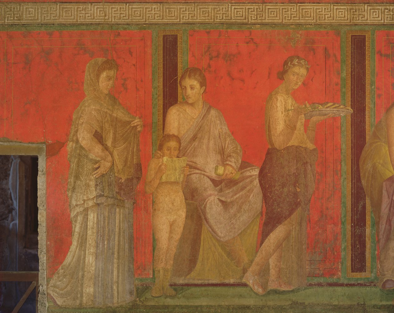 O Catecismo com uma Leitura Jovem e o Iniciado Fazendo uma Oferenda, Muro Norte, Oecus 5, c.60-50 aC (veja também 55070, 57184 e 166518) de Roman