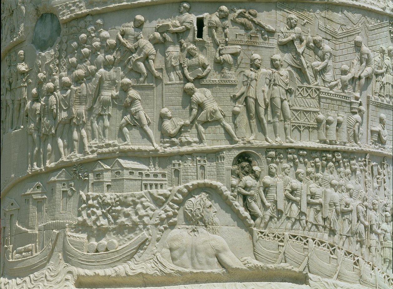 O exército romano atravessando o Danúbio, detalhe da Coluna de Trajano, 113 dC (calcário) de Roman
