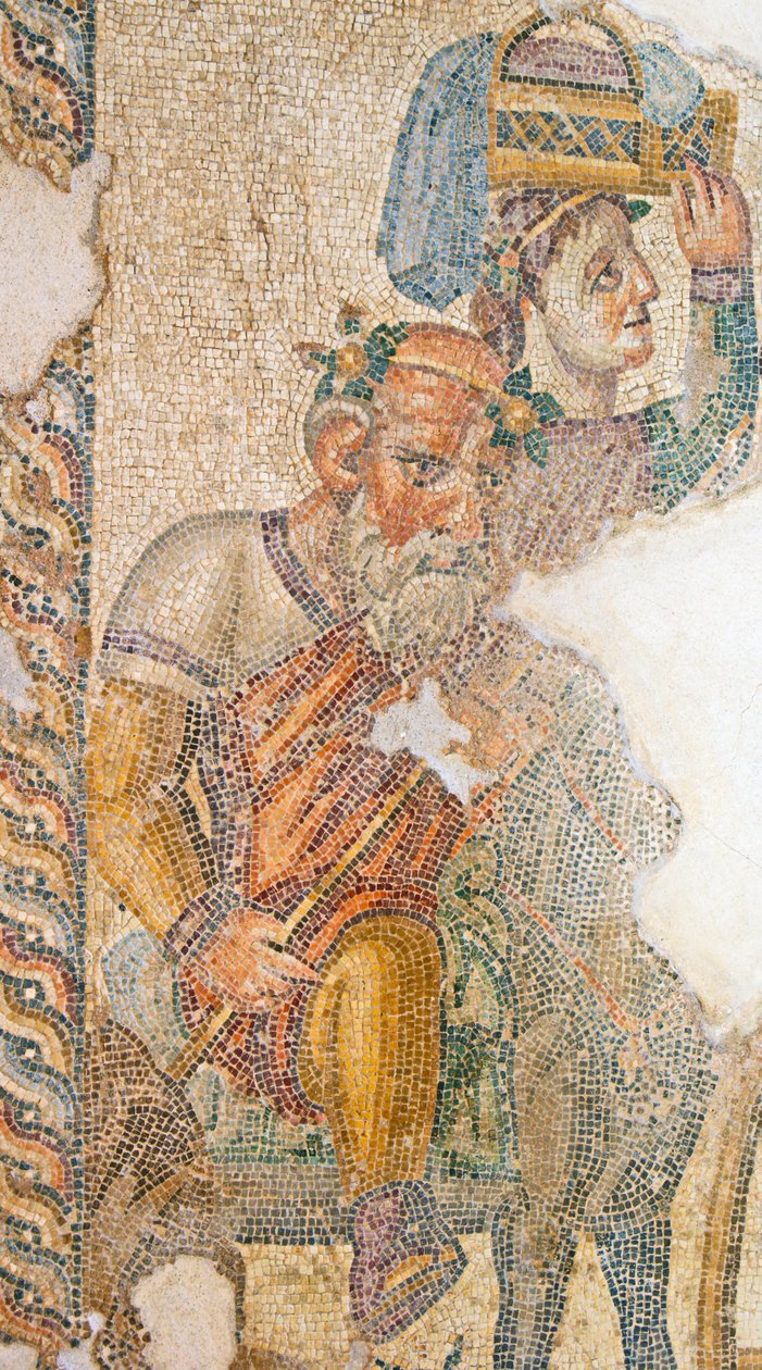 A procissão triunfante de Dionísio, detalhe de Seilenos montando seu burro. Casa de Aion, Paphos, Chipre mosaico de Roman