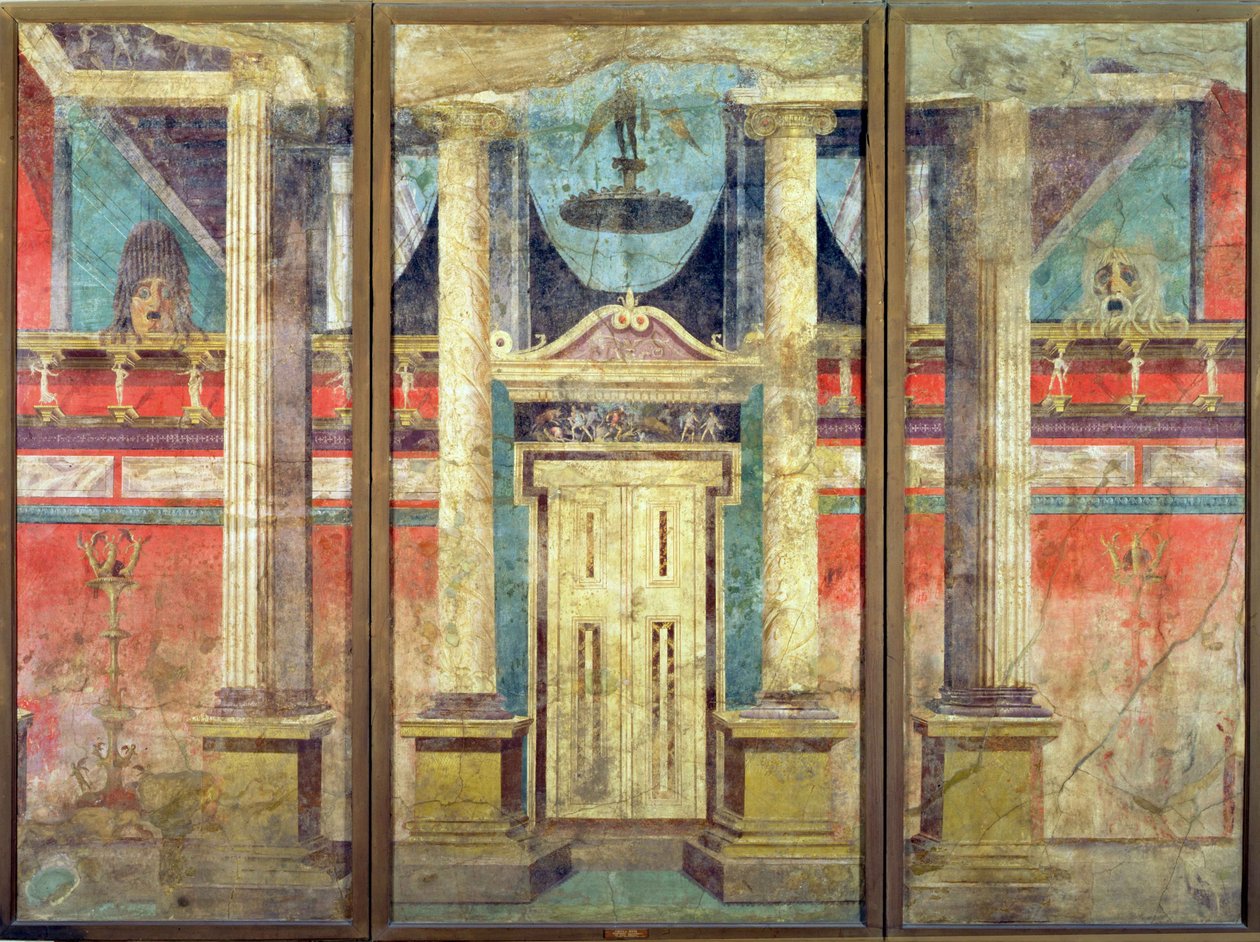 Decoração de parede da vila de P Fannius em Boscoreale, perto de Pompeia, derivada de um cenário grego talvez do século anterior, c.40-30 aC de Roman