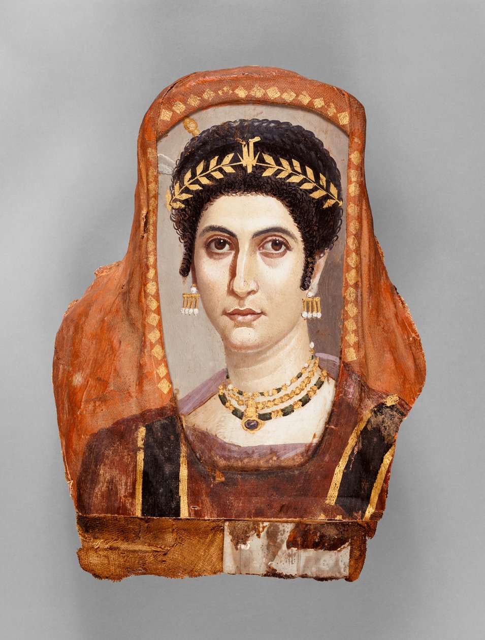 Múmia retrato de uma mulher, c. 100-10 AD (encáustica em madeira, com dourado e linho) de Roman Period Egyptian