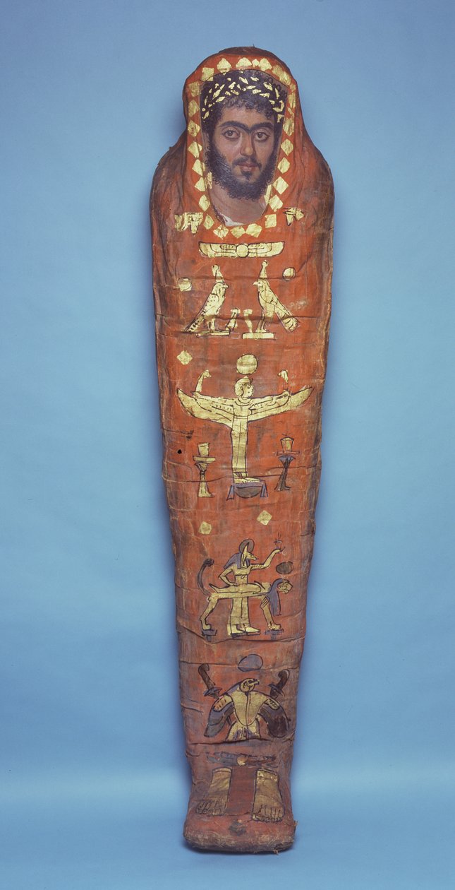 Mamãe de um jovem, com retrato de encáustica, de El-Hibeh (restos humanos enrolados em linho com painel de madeira pintada) de Roman Period Egyptian