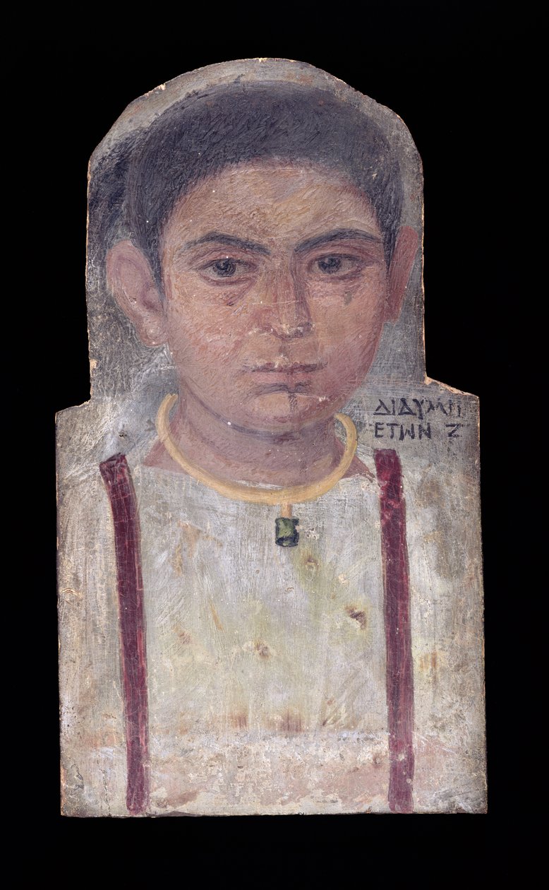 Retrato de múmia de uma jovem, inscrito &39;Didyme, 7 Years Old&39;, 180-200 AD (cera de encáustica no painel) de Roman Period Egyptian