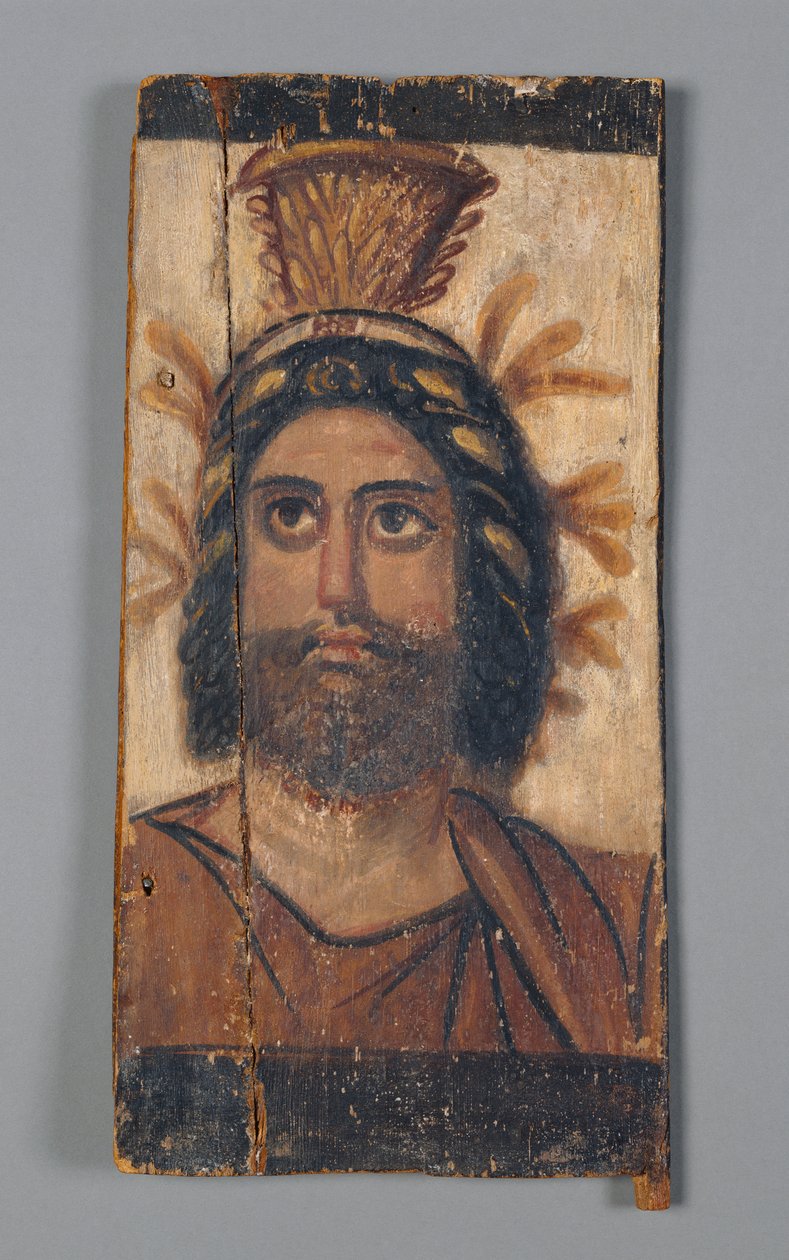 Painel com imagem pintada de Serapis usando uma coroa de ouro Kalathos, 180-200 AD (têmpera sobre madeira) de Roman Period Egyptian