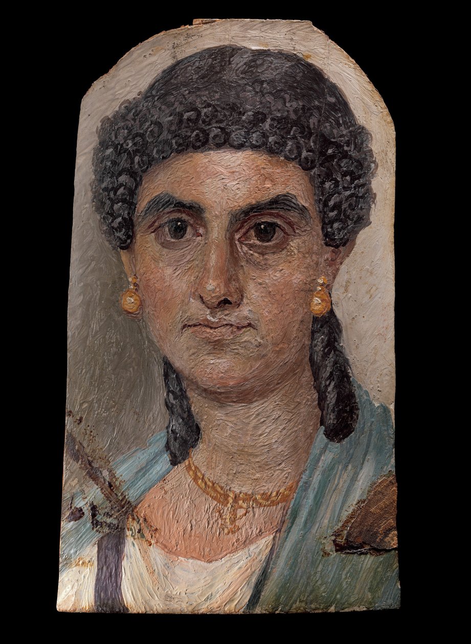Painel de pintura de uma mulher em um manto azul, 54-68 AD (encáustica em madeira) de Roman Roman