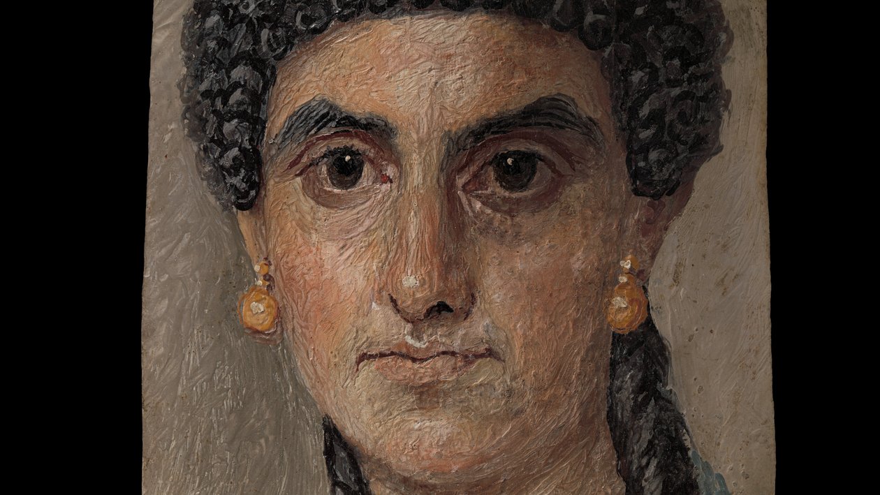 Painel de pintura de uma mulher em um manto azul, 54-68 AD (encáustica em madeira) de Roman Roman