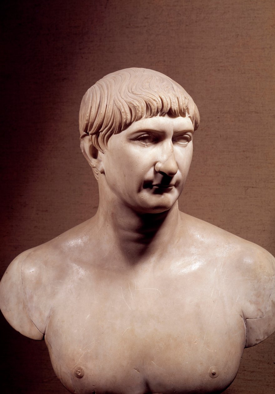 Roma Antiga: busto em mármore do imperador Trajano (Marcus Ulpius Traianus) (98-117 d.C.) Musee du Louvre Paris de Roman