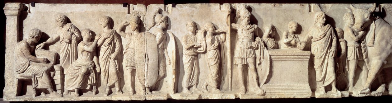 Roma Antiga: alívio conhecido como Domitius Ahenobarbus, episódio de um censo: registro de cidadãos e sacrifício ao deus Marte. Cerca de 100 AC. Sol 2 m. Paris, Museu do Louvre de Roman