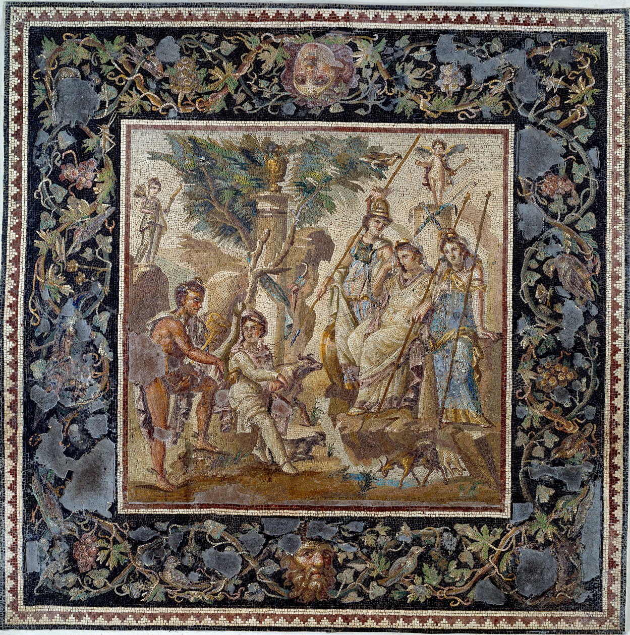 Arte da Roma Antiga: O julgamento de Paris. Mosaico da casa do Atrium a Antioch, século II d.C. Museu do Louvre de Roman