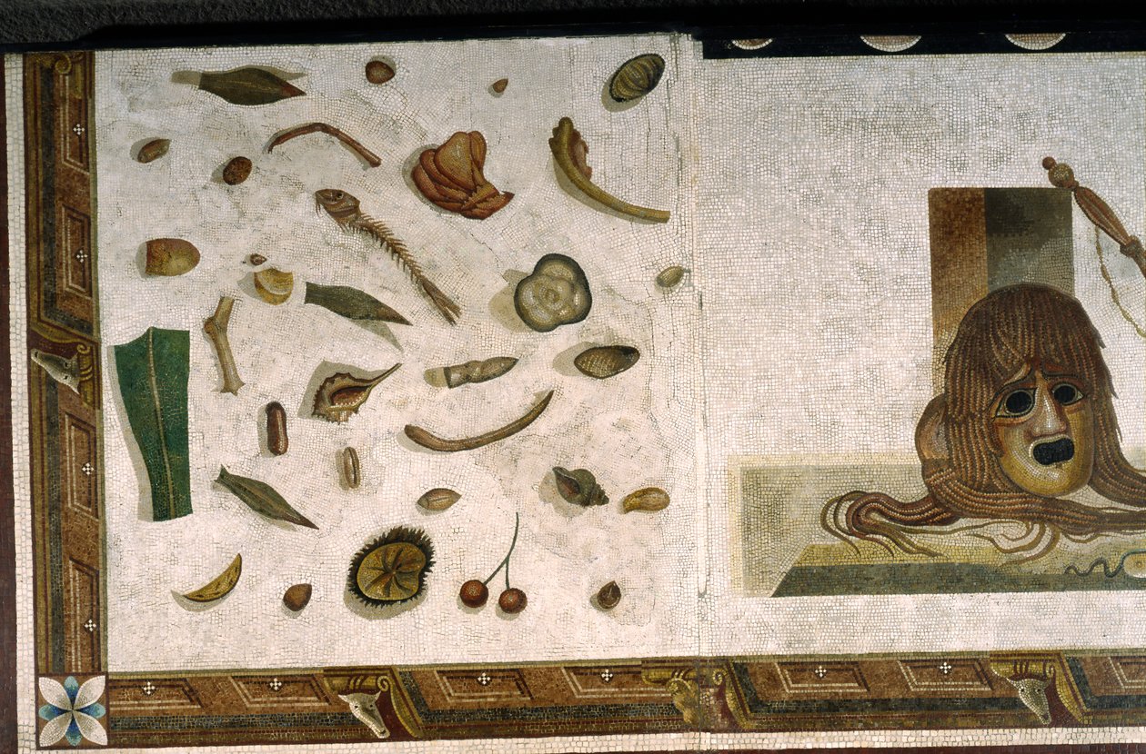 "Asarotos" (Floor unswept) Fragmentos de mosaico assinado por Harakliton de Roma, século II d.C., Roma de Roman