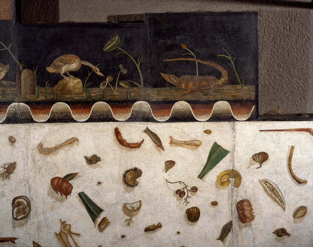 "Asarotos" (Floor unswept) Fragmentos de mosaico assinado por Harakliton de Roma, século II d.C., Roma de Roman