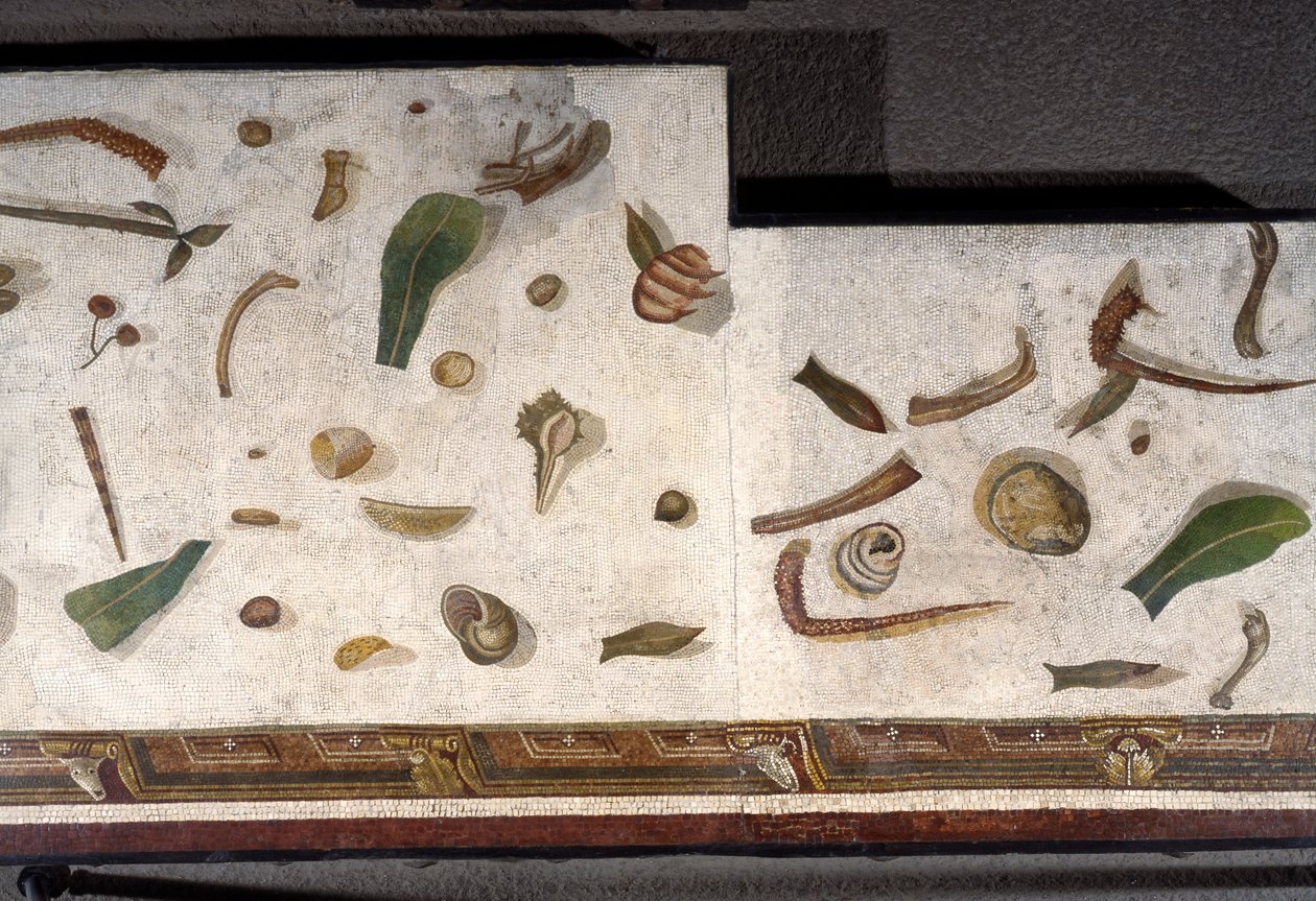 "Asarotos" (Floor unswept) Fragmentos de mosaico assinado por Harakliton de Roma, século II d.C., Roma de Roman