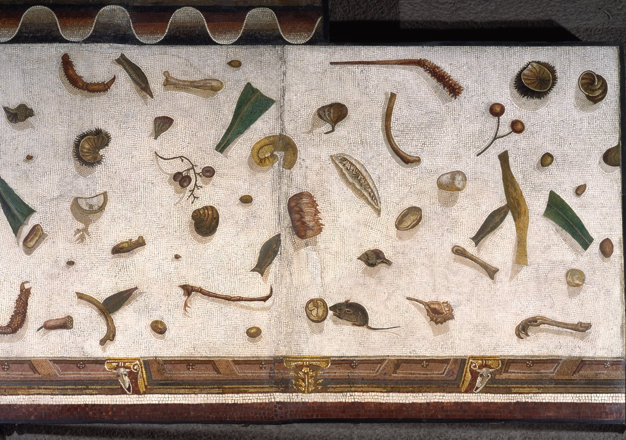 "Asarotos" (Floor unswept) Fragmentos de mosaico assinado por Harakliton de Roma, século II d.C., Roma de Roman