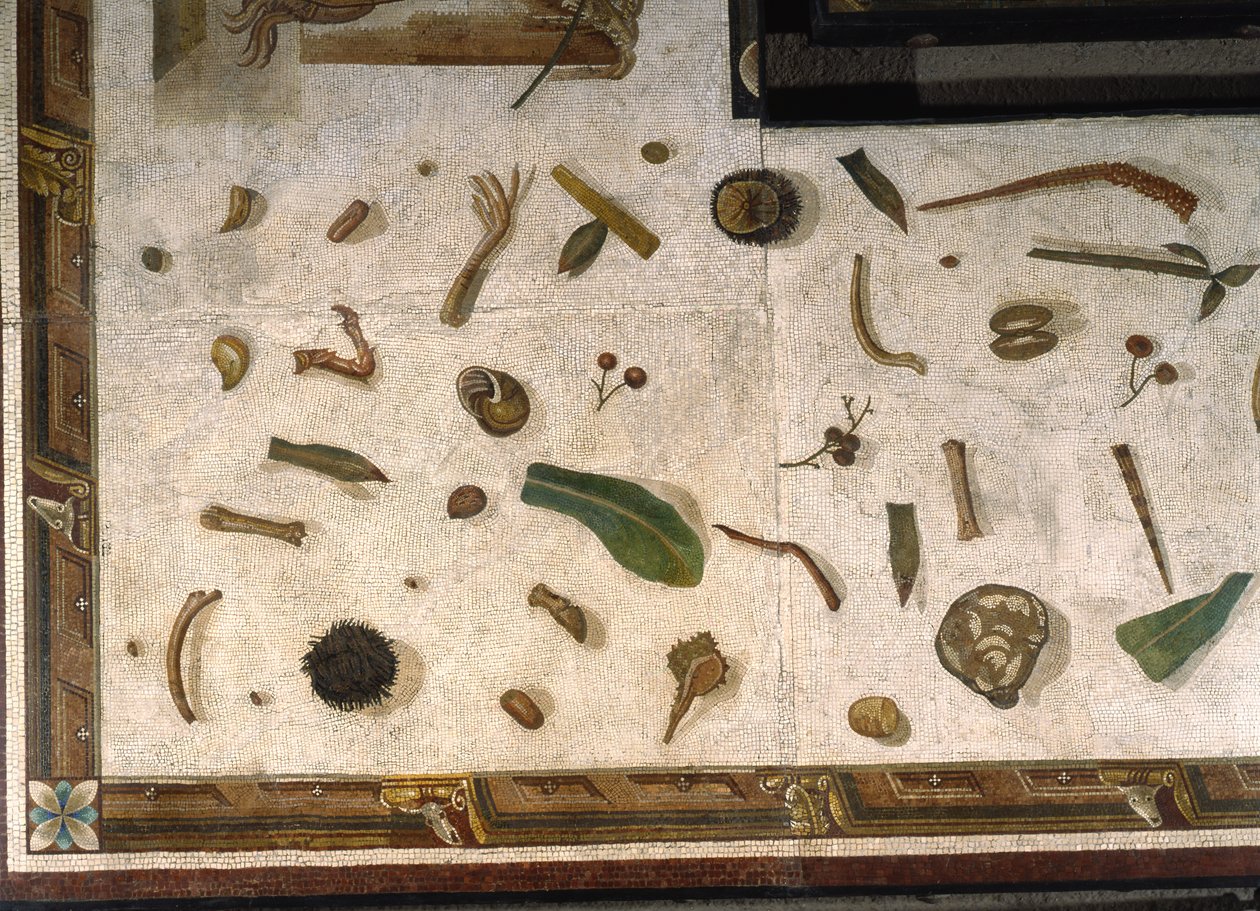 "Asarotos" (Floor unswept) Fragmentos de mosaico assinado por Harakliton de Roma, século II d.C., Roma de Roman