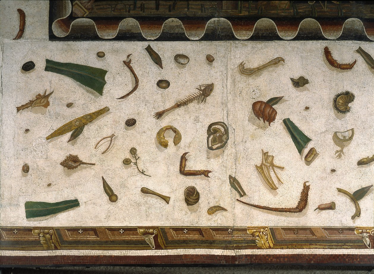 "Asarotos" (Floor unswept) Fragmentos de mosaico assinado por Harakliton de Roma, século II d.C., Roma de Roman