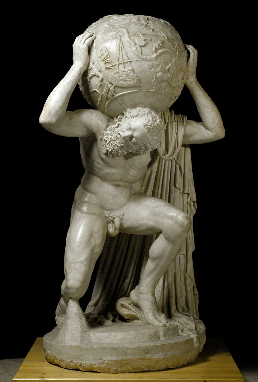Atlas Farnese Atlas com o globo celestial simbolizando o conhecimento astronômico da época. Escultura em mármore romano, depois de um original grego. Século II. Dim. 191 cm Museo Archeologico Nazionale, Nápoles. de Roman
