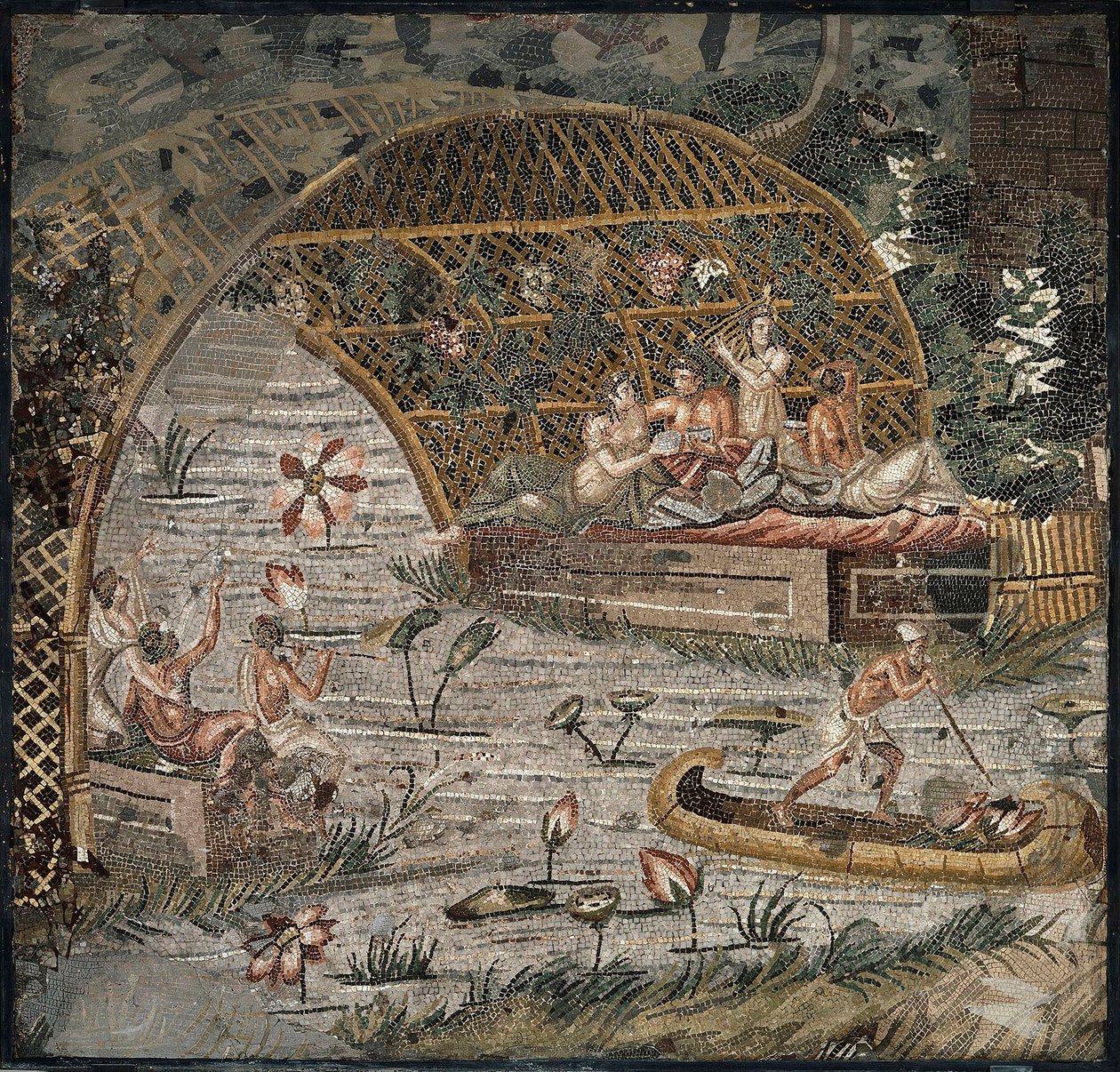 Banquete sob uma pérgula perto do Nilo - Detalhe do Mosaico do Nilo de Palestrina - século III aC - Mosaico do Nilo de Palestrina - século III aC, 95x102 cm - Staatliche Museen, Berlim de Roman