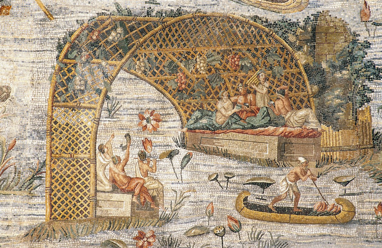 Banquete sob pérgola, detalhe do mosaico nilótico de inundação do rio Nilo no Egito, do Santuário de Fortuna Primigenia em Palestrina, Lazio, Itália, civilização romana de Roman