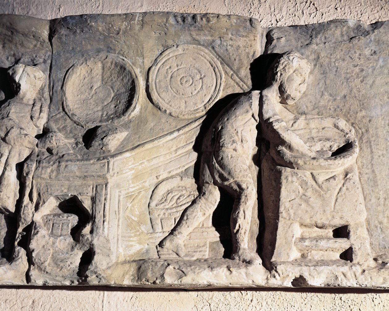 Baixo-relevo retratando o fabrico de pão, romano, séc. II-XIII d.C. de Roman
