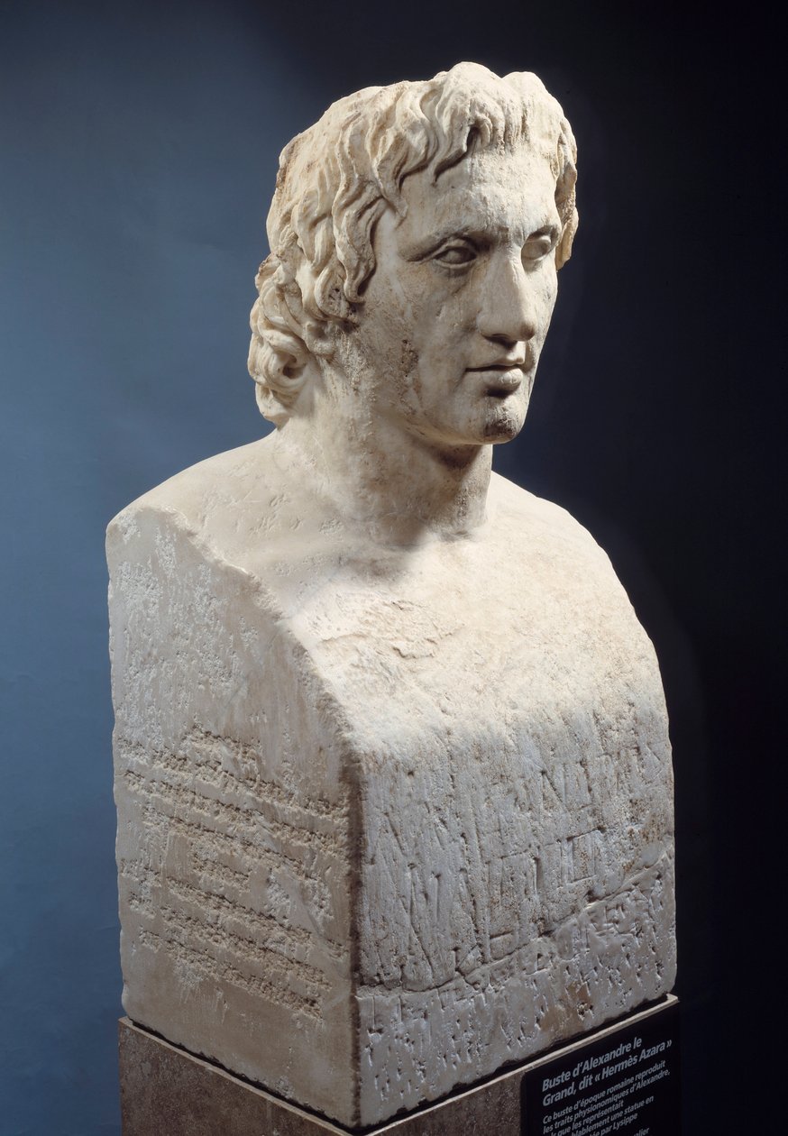 Busto de Alexandre o Grande, conhecido como "Hermes Azara", obra romana depois de uma estátua de bronze de Lysippe. Cerca de 330 AC. Paris, Museu do Louvre de Roman