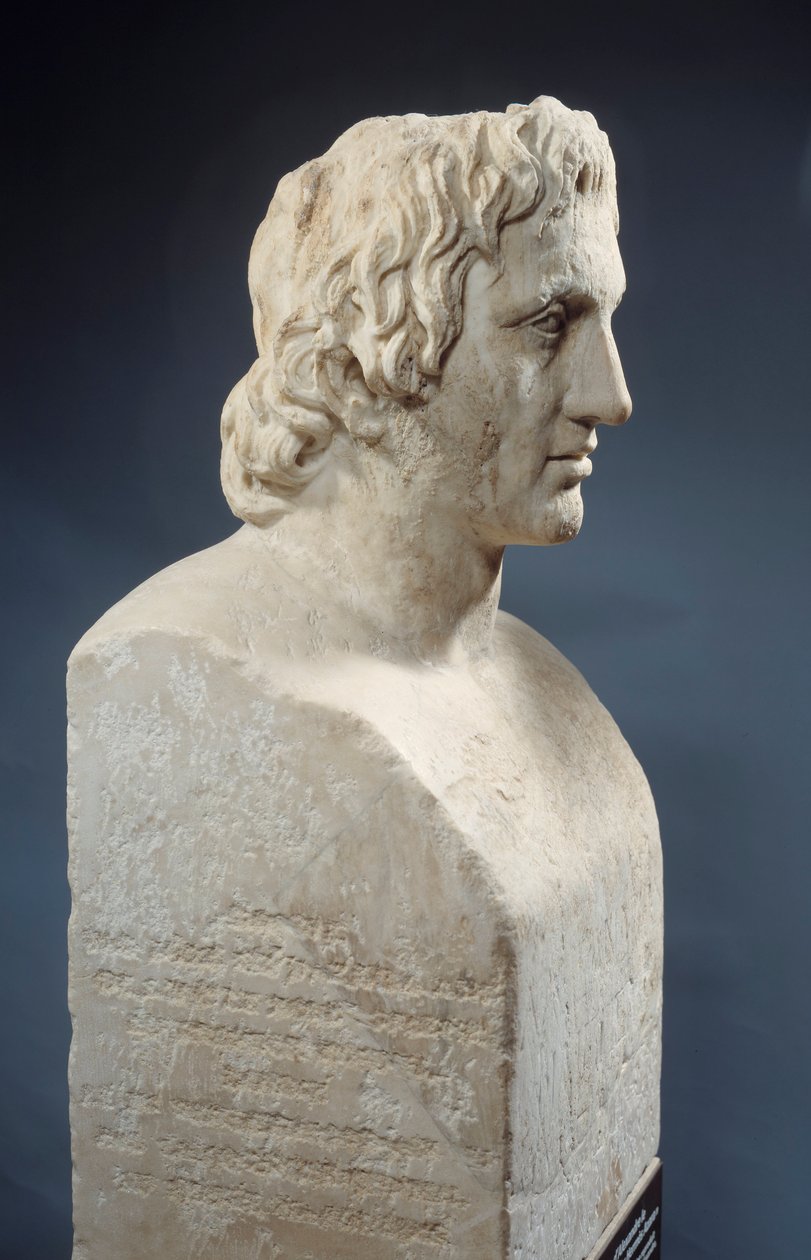 Busto de Alexandre o Grande, conhecido como "Hermes Azara", obra romana depois de uma estátua de bronze de Lysippe. Cerca de 330 AC. Paris, Museu do Louvre de Roman