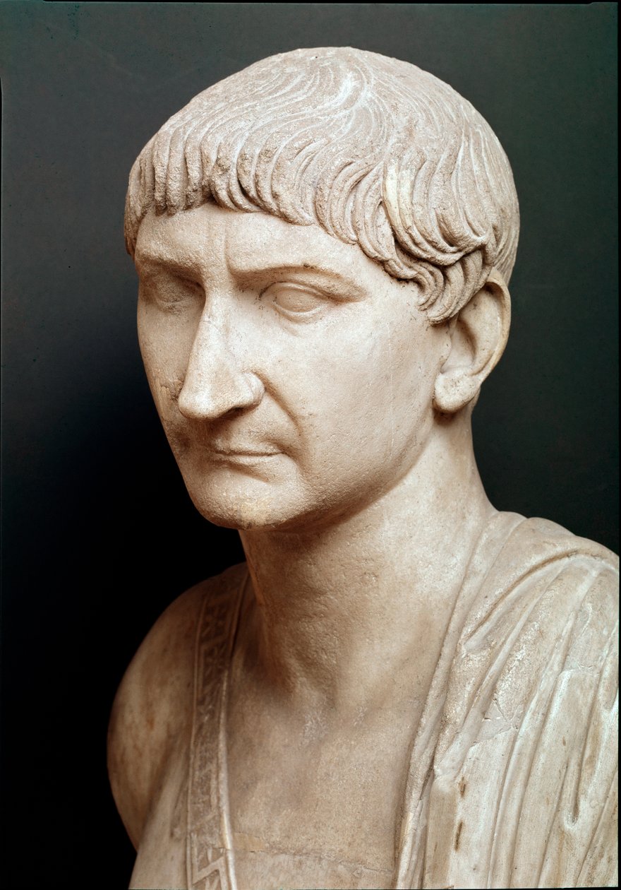 Busto do Imperador Trajano, detalhe (escultura de mármore) de Roman