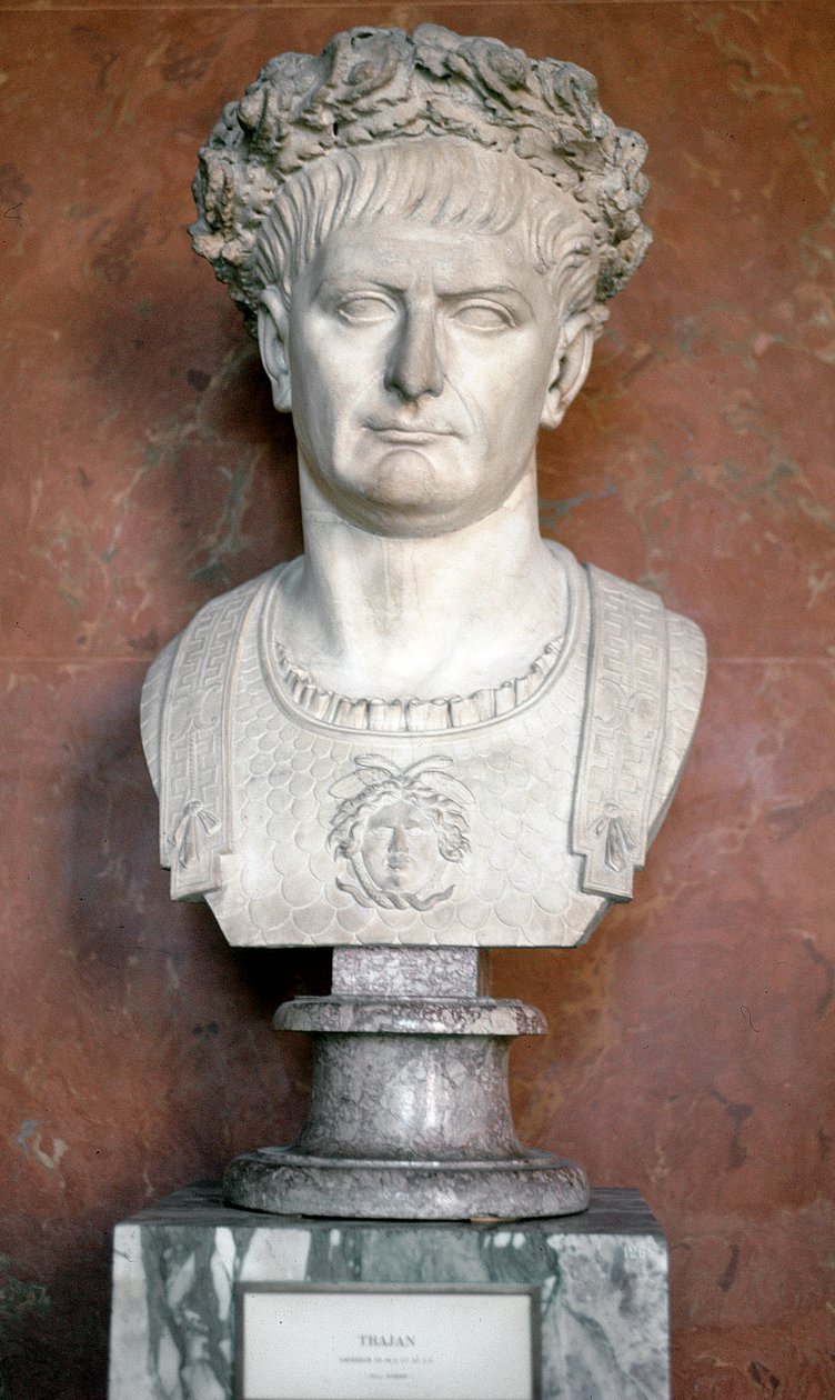 Busto do Imperador Trajano com uma coroa de louros e Medusa no tronco (escultura em mármore, 98-117) de Roman