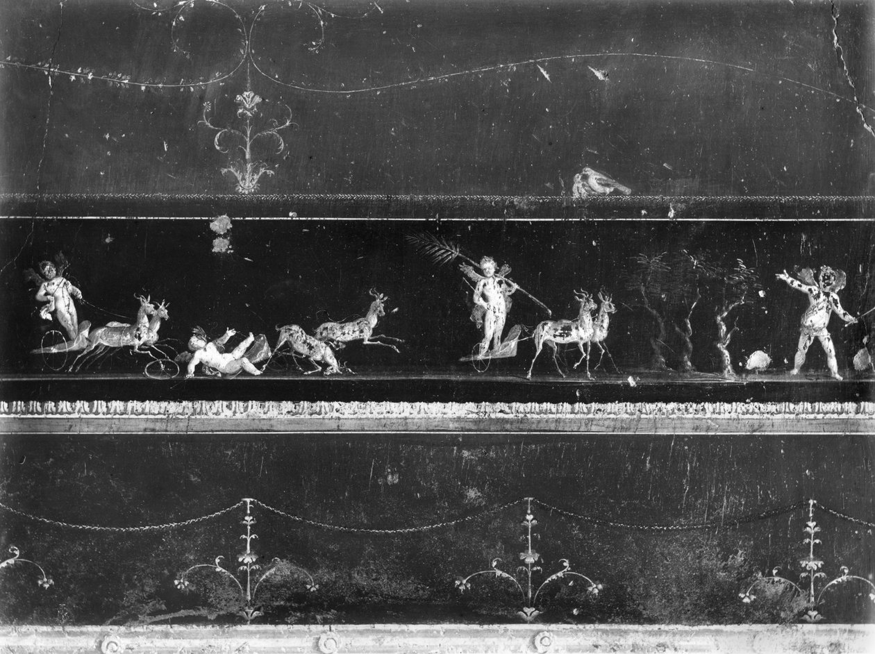 Querubins na corrida de bigas, friso do Oecus da Casa dei Vettii (Casa dos Vettii) c.50-79 dC de Roman