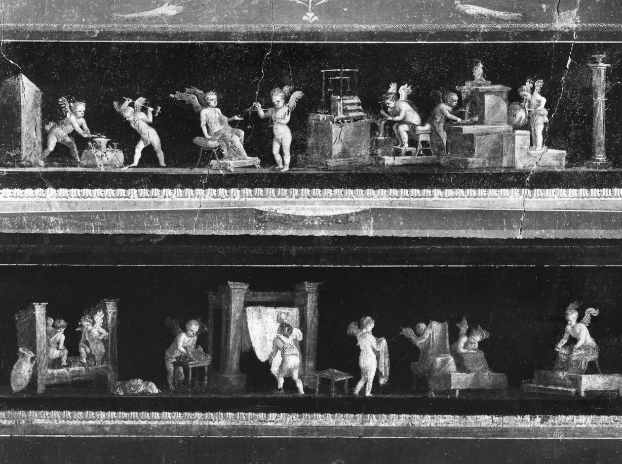 Querubins ganhando dinheiro e tingindo tecidos, friso do Oecus da Casa dei Vettii (casa dos Vettii) c.50-79 dC de Roman
