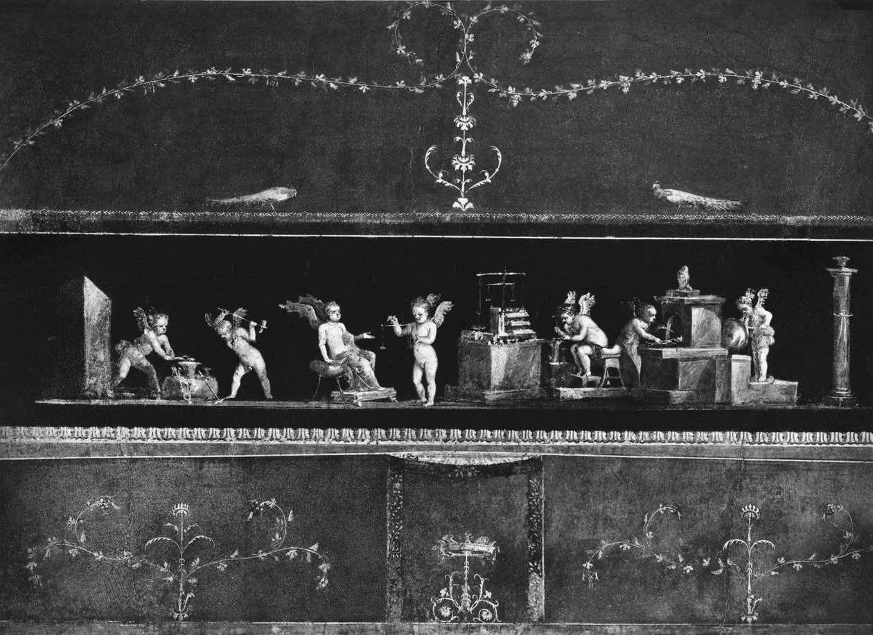Querubins ganhando dinheiro, friso do Oecus da Casa dei Vettii (casa dos Vettii) c.50-79 dC de Roman