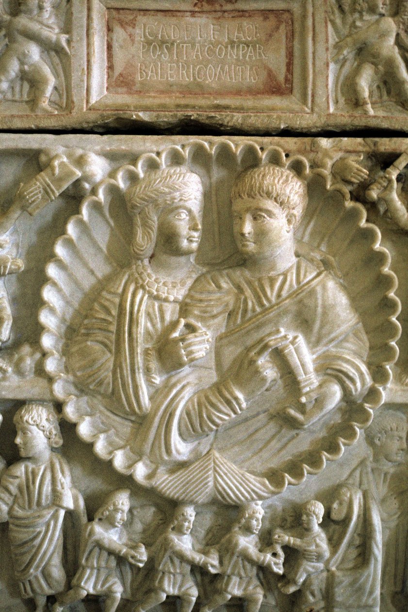 Arte Cristã 313 AD: Adelphia e Valerio. Sarcófago de Adelphia preservado no Museu de Siracusa, na Sicília (Itália). de Roman
