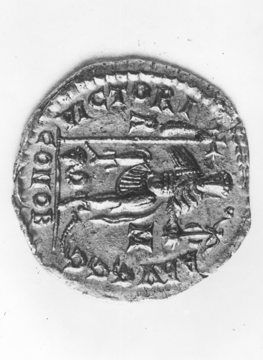 Moeda representando o Imperador Valentiniano III (419-455) celebrando sua vitória sobre Átila, o Huno (395-453) c.452 (metal) (reverso) de Roman