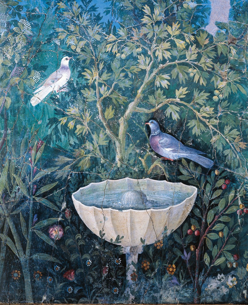 Detalhe de uma fonte e pássaros de uma pintura de jardim, Casa da Pulseira de Ouro, Pompeia de Roman