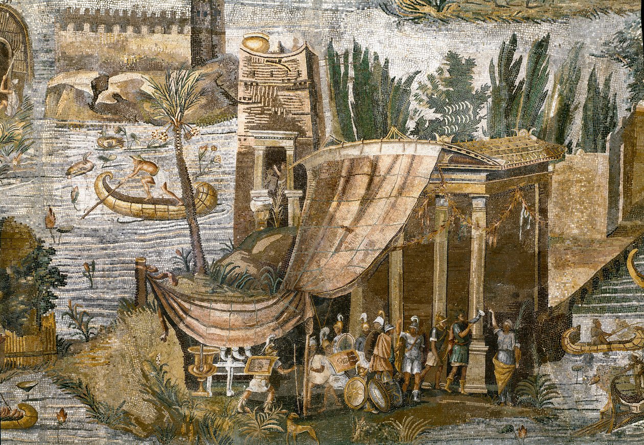Detalhe do mosaico nilótico do Preneste (Palestrina) do santuário da deidade da Fortuna Primigênia, 80 a.C. de Roman