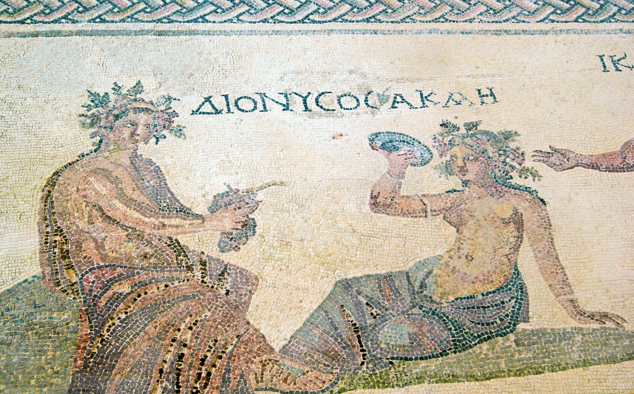 Dionísio aconselhando a ninfa Akme, Casa de Dionísio, Paphos, Chipre (mosaico) de Roman