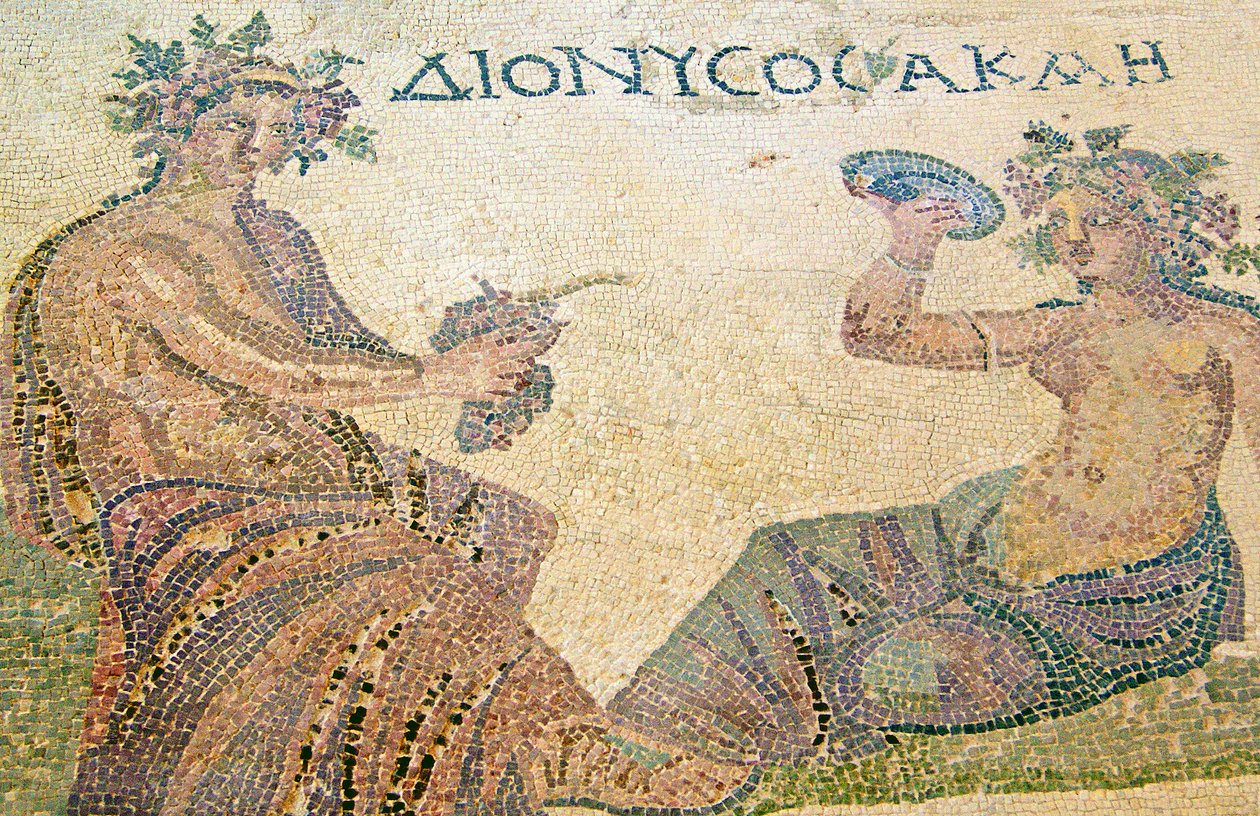 Dionísio aconselhando a ninfa Akme, Casa de Dionísio, Paphos, Chipre (mosaico) de Roman