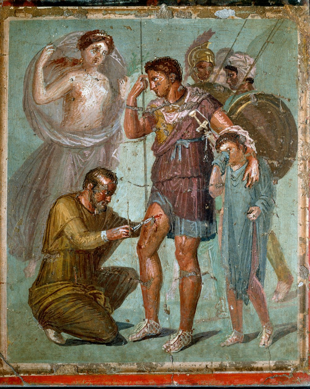 Enee feridas com o seu filho Iule, é tratado pelo médico grego Iapige, filho de Iaso. Afresco romano do século I d.C. de Pompéia. Nápoles, Museu Nacional de Arqueologia - arte romana: Enéas ferido é tratado por Lapyges (ou lapix ou lapus ou lapis, filho de Roman