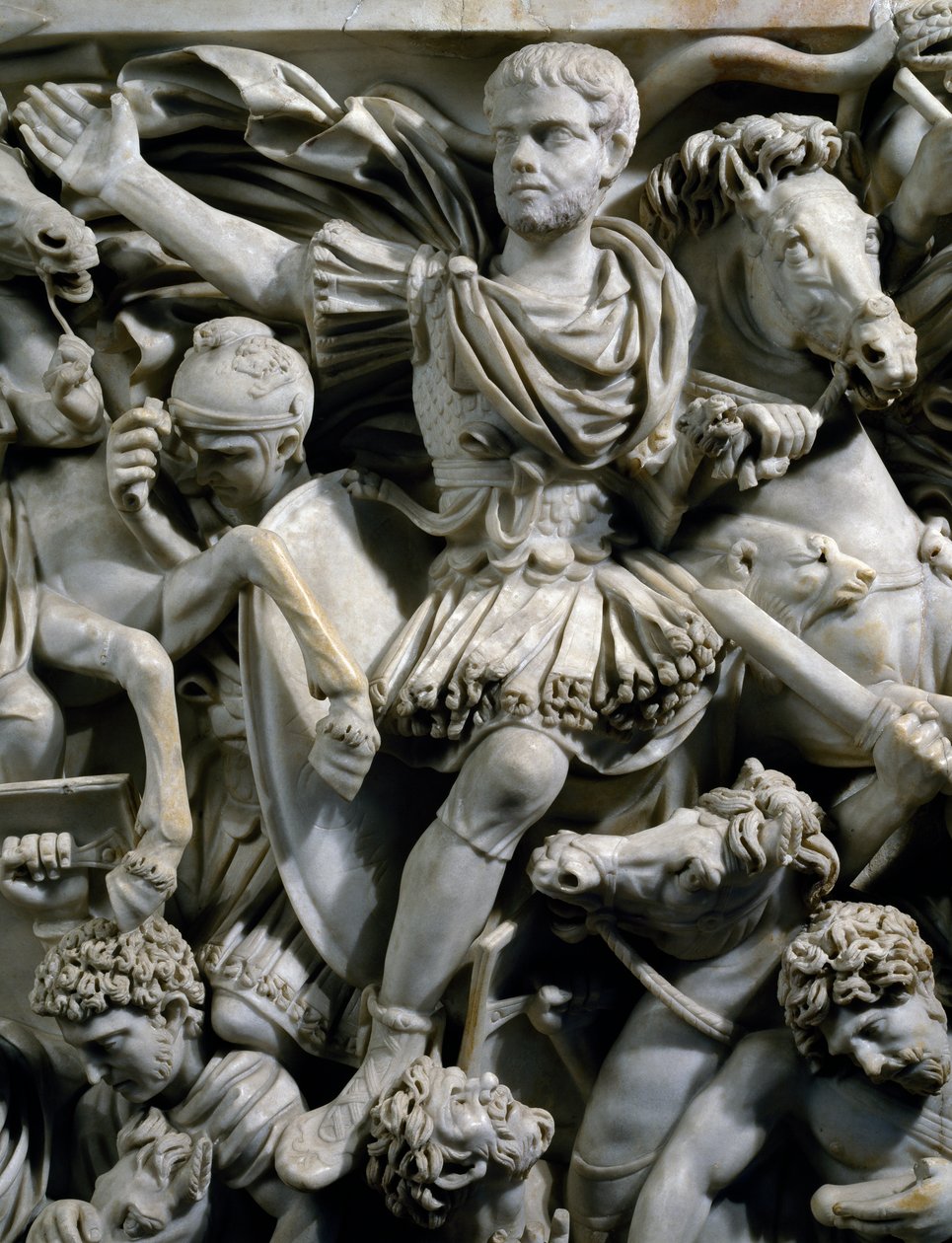 Retrato equestre de Hostilianus, filho do Imperador Decius, junto com seus guardas a cavalo, detalhe de O Grande Sarcófago Ludovisi com relevo retratando a batalha entre romanos e ostrogodos, cerca de 260, Civilização Romana, século III de Roman