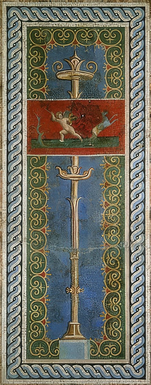 Eros como caçador, detalhe de um mosaico de parede, exposto em Pompéia de Roman
