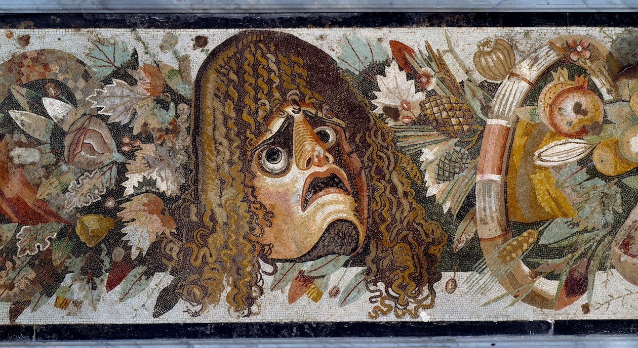 Feston com máscara, folhas e frutas. Detalhe. Mosaico da Casa del Fauno em Pompéia, século II a.C. Dimensões: 280 x 49 cm. Museo Nazionale Archeologico, Nápoles - Arte romana: festão com máscara trágica, folhas e frutos. Detalhe. Mosaico da Casa do Fauno,  de Roman