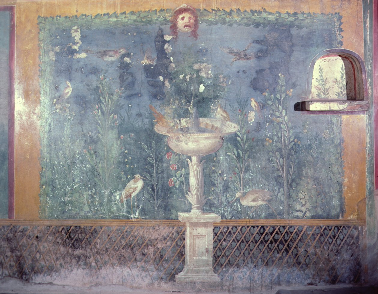 Fonte, máscara e pássaros, Casa de Vénus em concha, Pompeia, Itália (fresco) de Roman