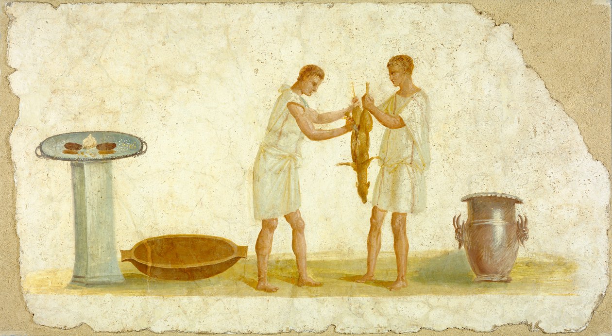 Fragmento de um painel de afresco com uma preparação de refeição, c.100-150 de Roman