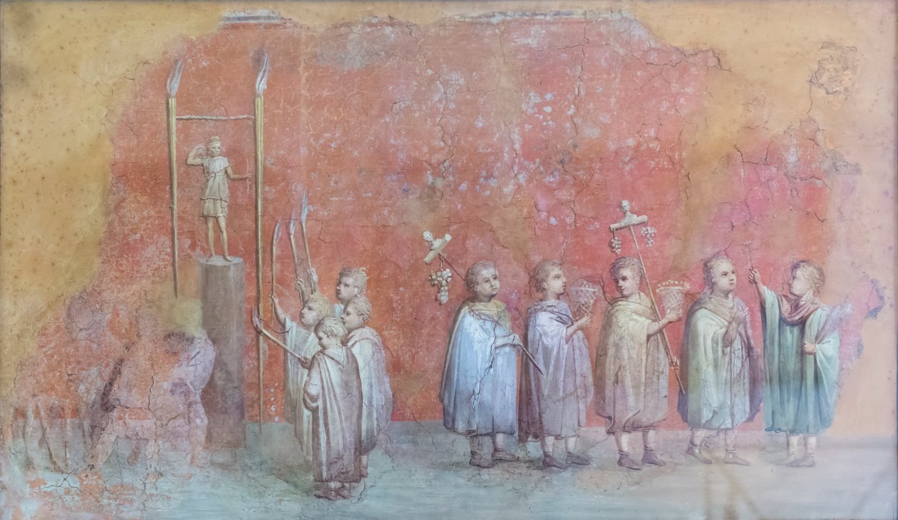 Fragmento fresco de um calendário representando as crianças numa procissão, possivelmente as celebrações do aniversário do imperador Severus e representando o mês de Abril do século III d.C. (fresco) de Roman