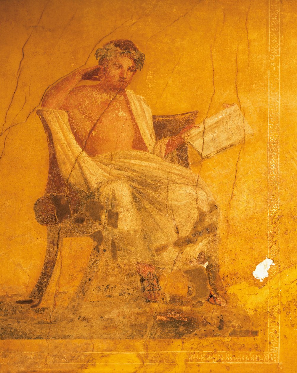 Fresco sobre fundo amarelo representando o poeta grego Menander, da Casa de Menander, Pompeia, Campânia, Civilização Romana de Roman