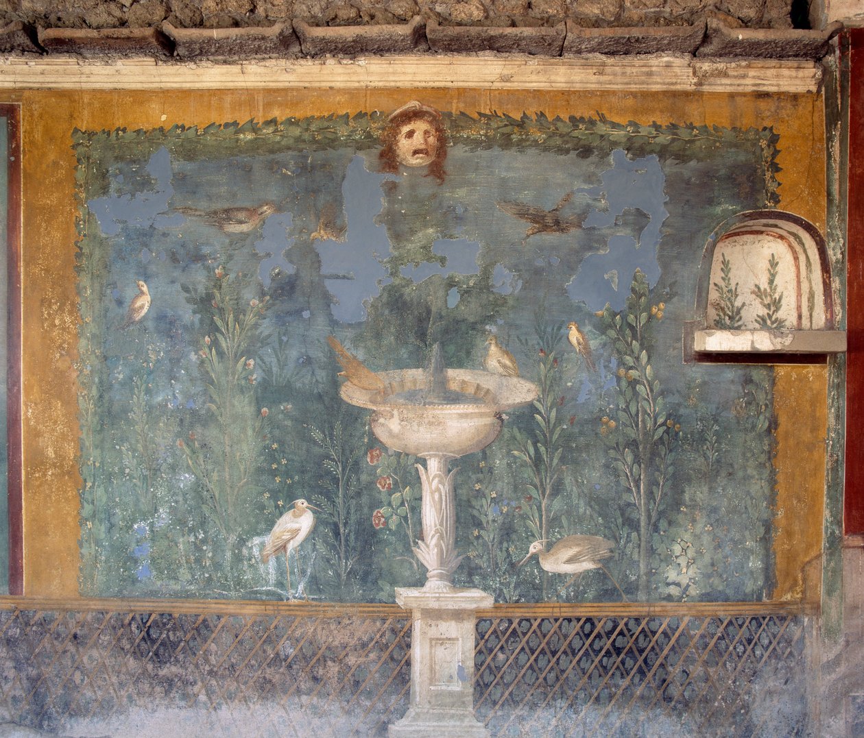 Fresco com fonte, máscara e pássaros, Casa de Vénus em Concha, Pompeia (Lista do Património Mundial da Unesco) de Roman