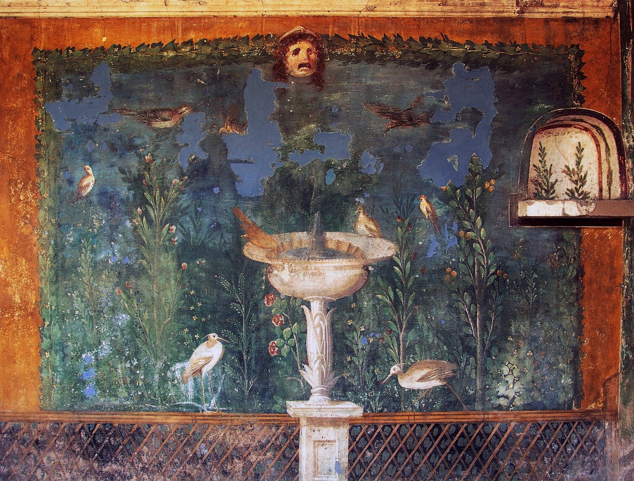 Fresco com fonte, máscara e pássaros, Casa de Vénus em concha, Pompeia, Campânia, Itália, civilização romana de Roman
