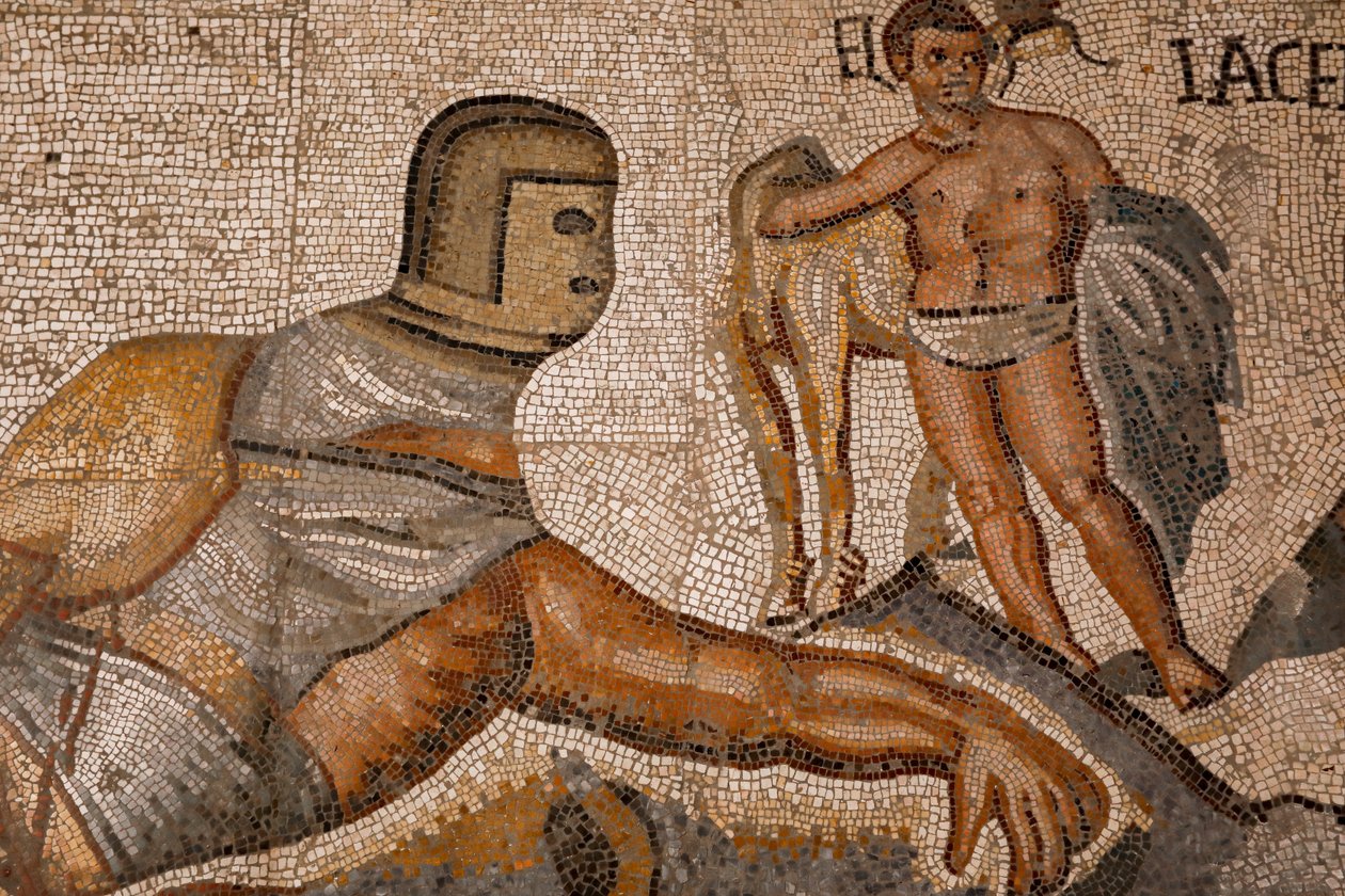 Batalhas de gladiadores. 320-330, mosaico de Roman