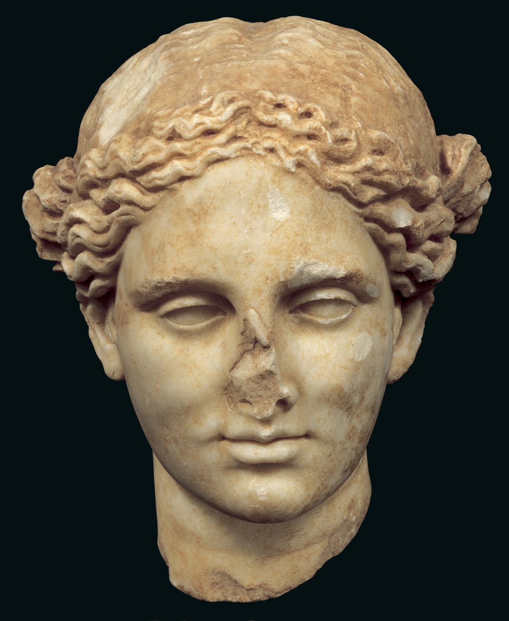 Chefe de Apollo Sauroktonos (o lagarto assassino) cópia de um bronze grego do século IV por Praxiteles, encontrado em Kifissia (mármore) de Roman