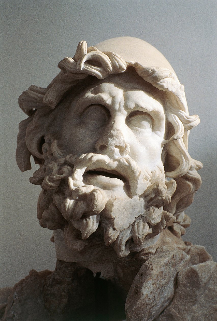 Cabeça de Ulisses (Odisseu), cópia romana depois de uma escultura helenística da escola romana, provavelmente do grupo de estatuária de Polifemo, mármore de Roman