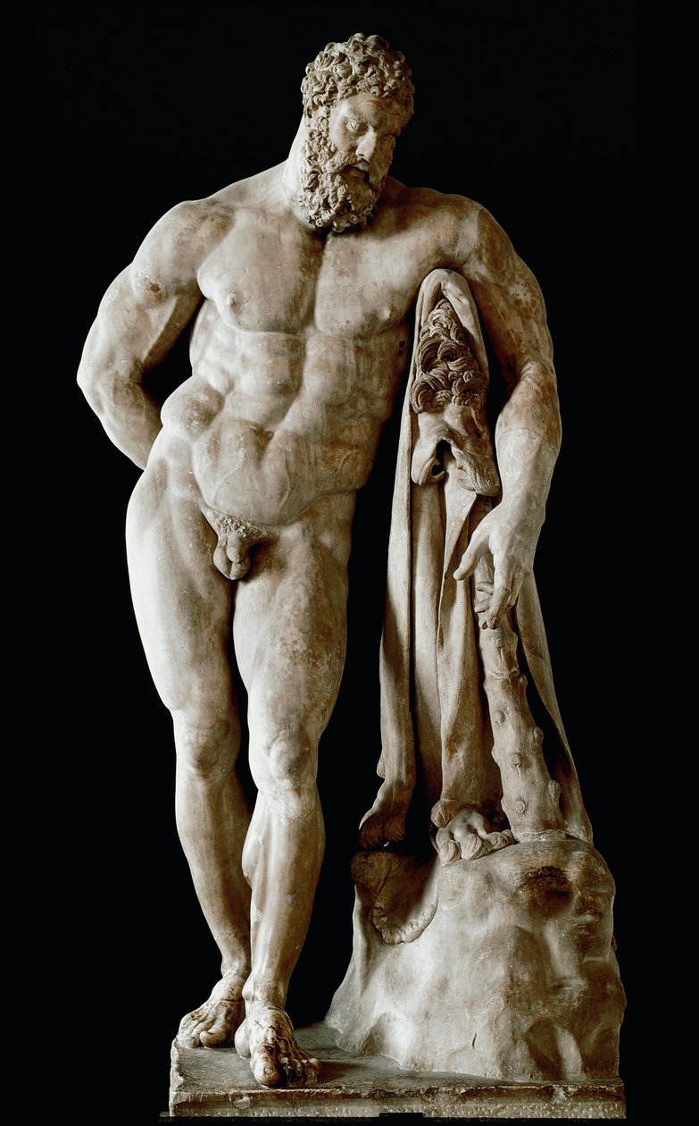 Escultura de Hércules Farnese Colossal de mármore Glycon dos banhos térmicos de Caracalla em Roma de um original grego de Lysipus de Sicyone, Dim. 3,17 m, século III depois de JC - Museu Arqueológico de Nápoles - O Hércules Farnese - Escultura em mármore ( de Roman